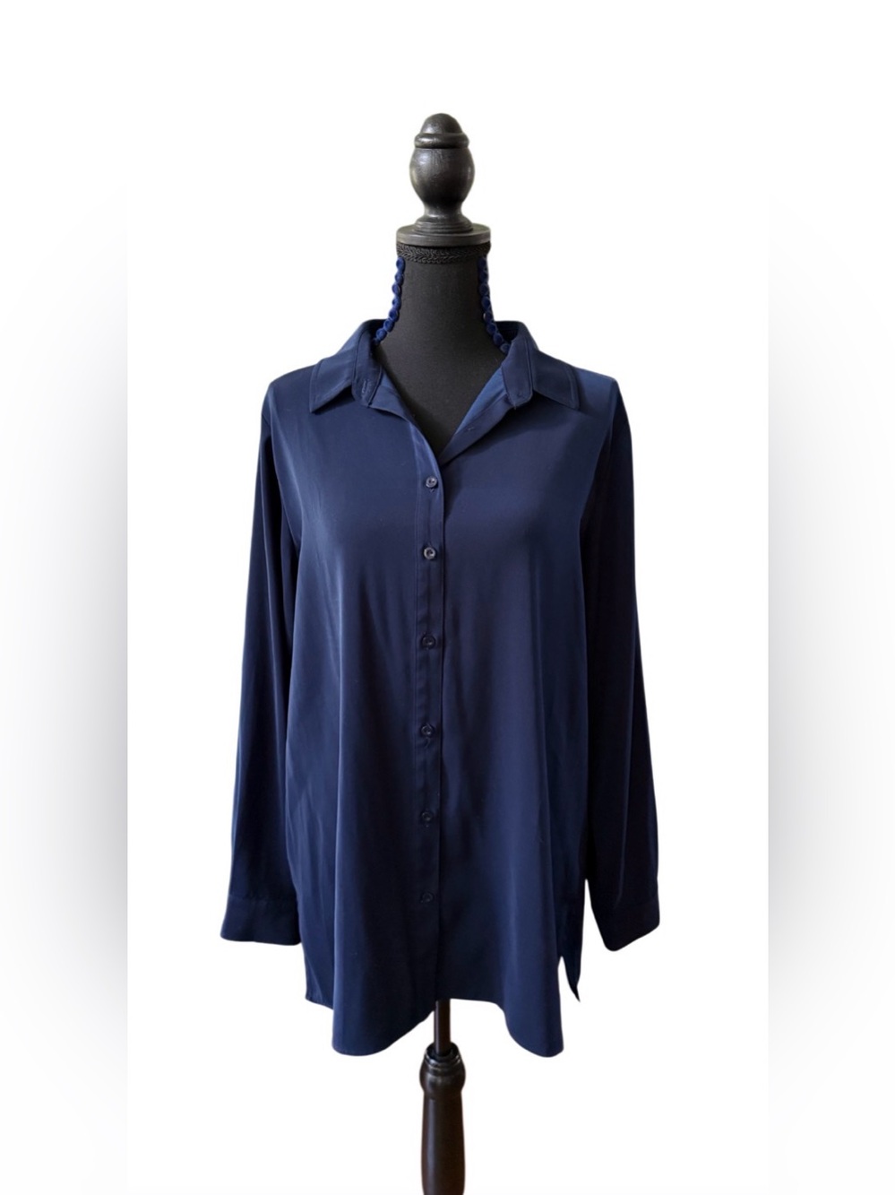 Susan Graver Navy Blue Relaxed Fit Long-Sleeve Button-Down Shirt